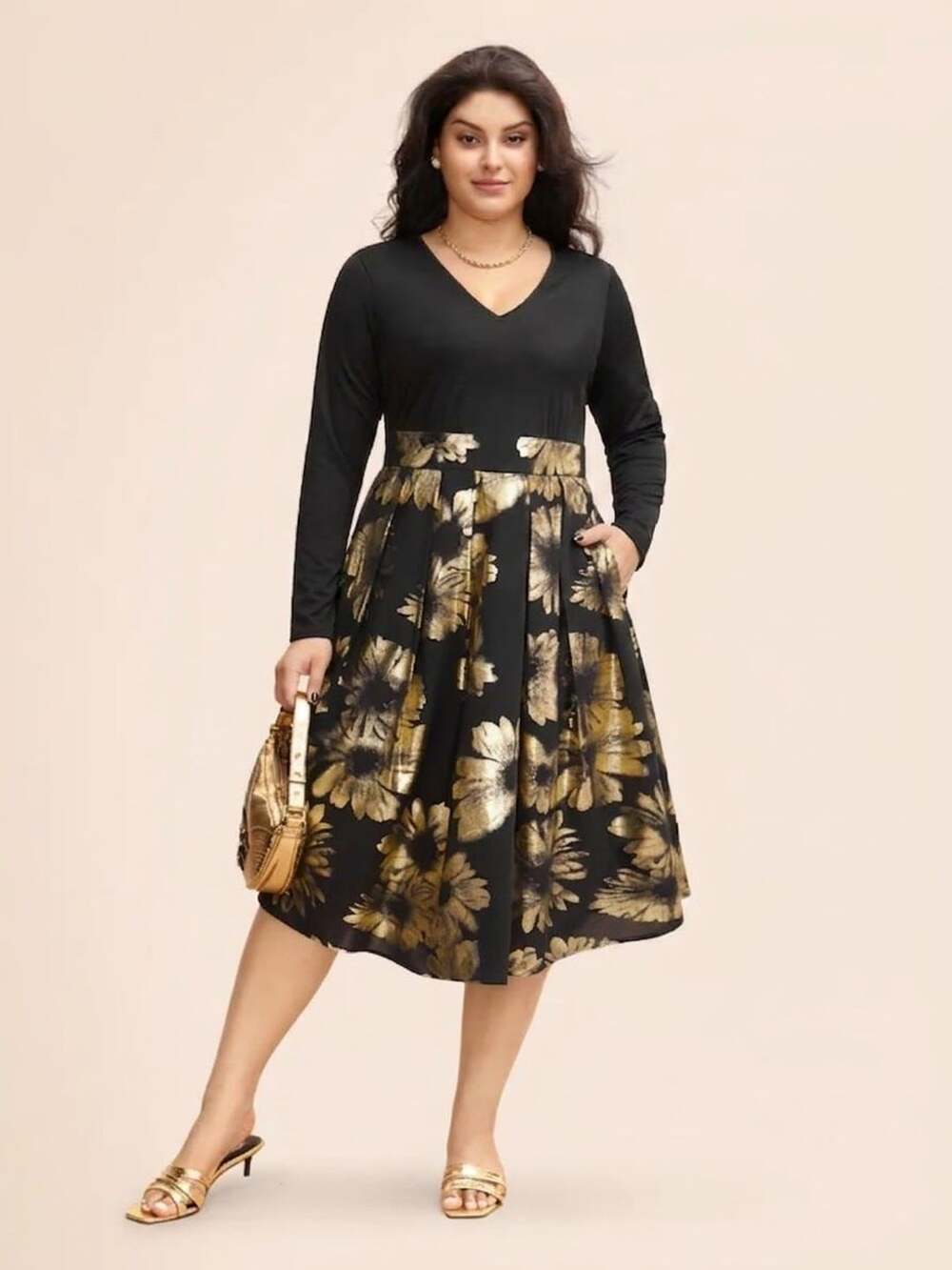 Bloomchic Plus Size 2X 18-20 Gold Flower Patchwork Dress with Pockets